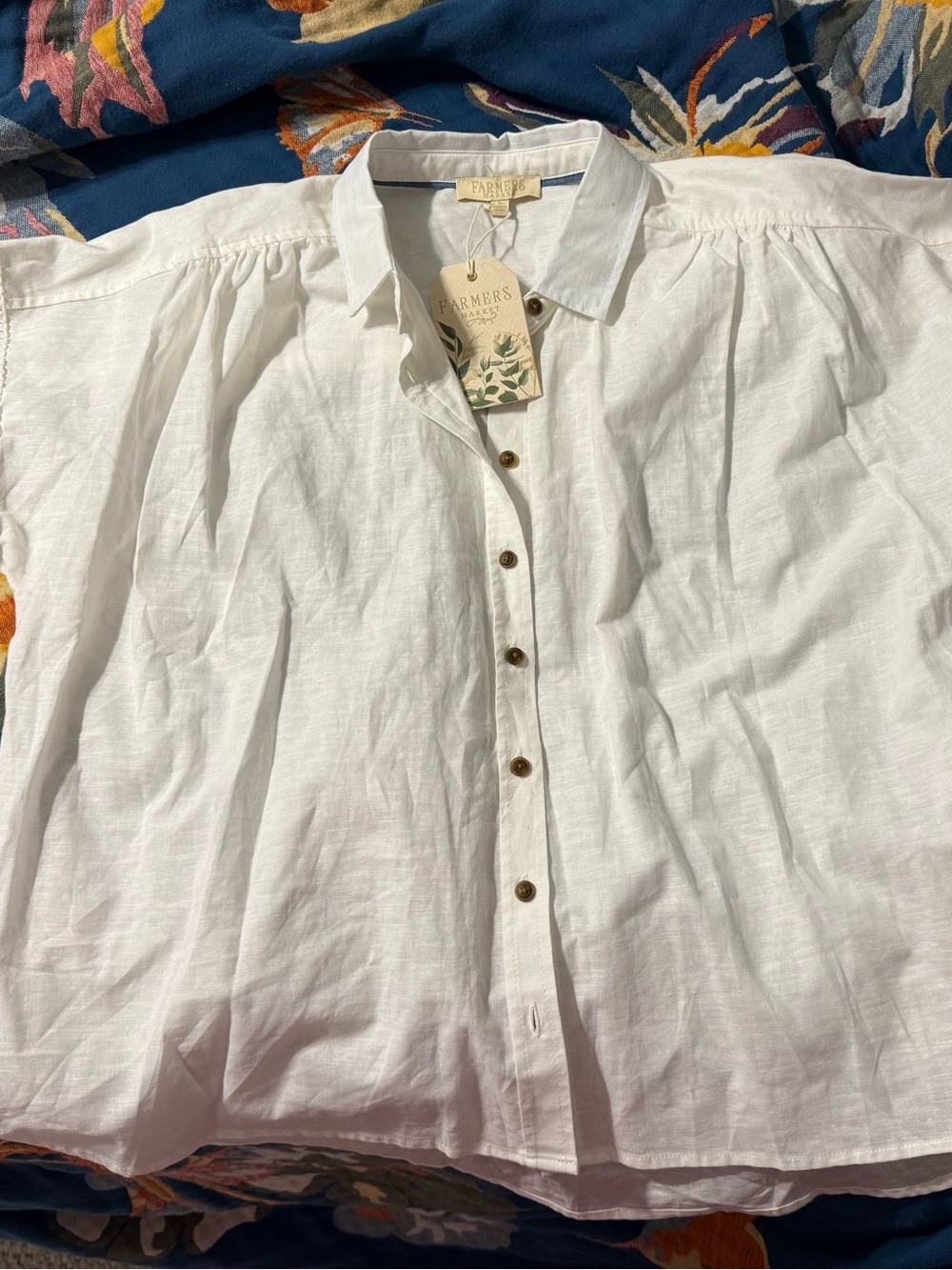 Farmers Market White Linen Button-Up with crochet style sleeves, size large